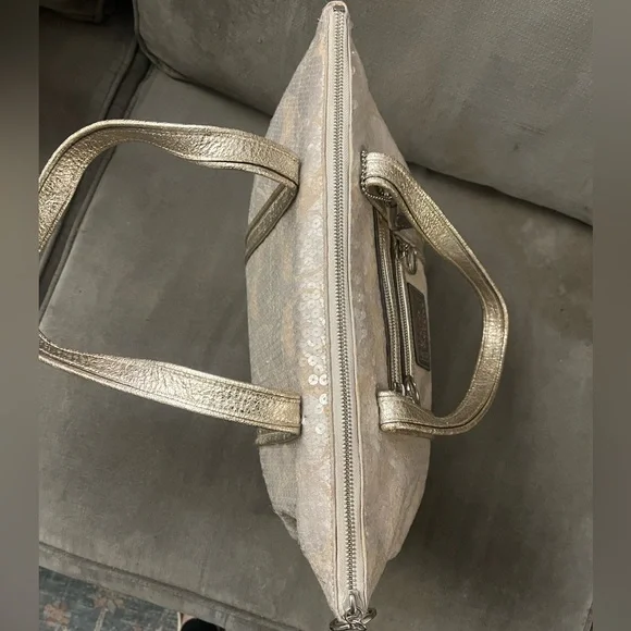 ✨COACH VTG POPPY Special Edition Signature Sequin Tote Bag Gold Cream RARE✨ - Picture 14 of 16